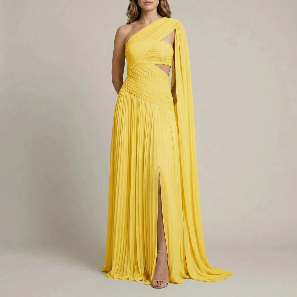 Ethereal Chiffon Drape Maxi Dress One-Shoulder Ruched Waist High Slit