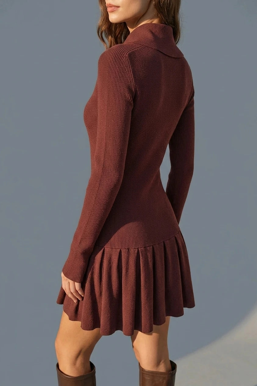 Coffee A-Line Pleated Sweater Dress — variant_front