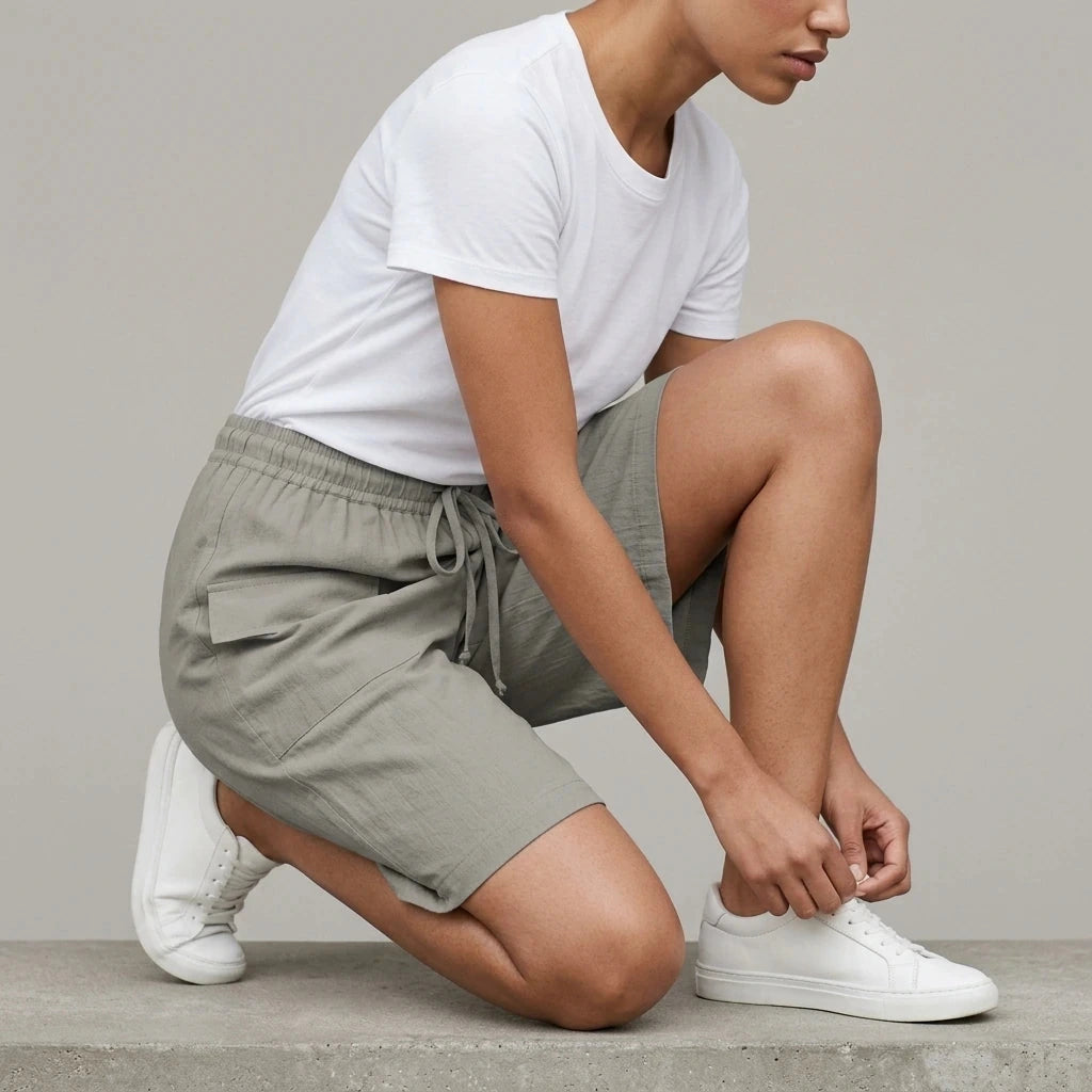 Bermuda Shorts With Elasticated Waistband And Adjustable Drawstring, Patch Pockets