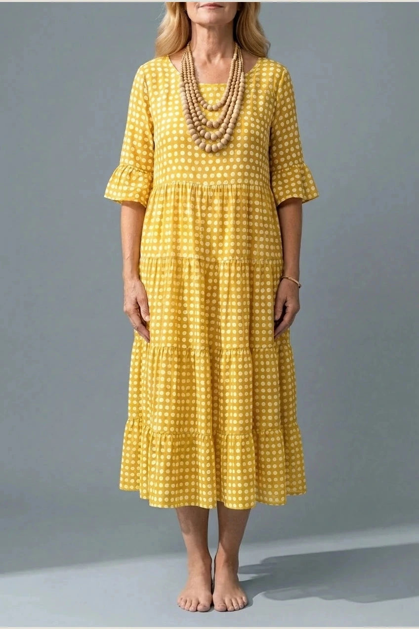 Polka Dot Tiered Midi Dress With Short Ruffle Sleeves And Square Neck