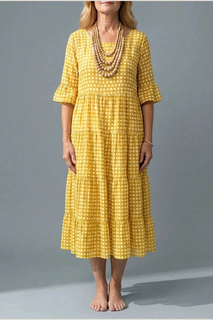 Polka Dot Tiered Midi Dress With Short Ruffle Sleeves And Square Neck