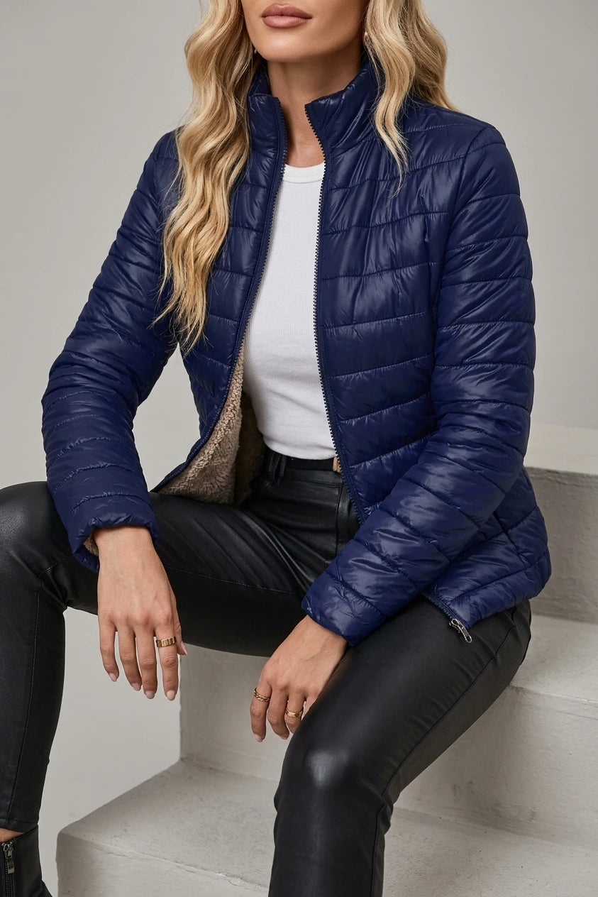 Cropped Quilted Puffer Jacket with Teddy Fleece Lining — variant_front