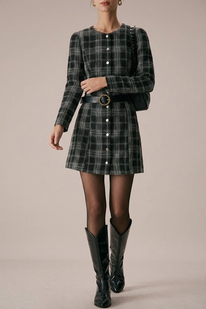 The Black Crew Neck Plaid A-Line Mini Dress — variant_front