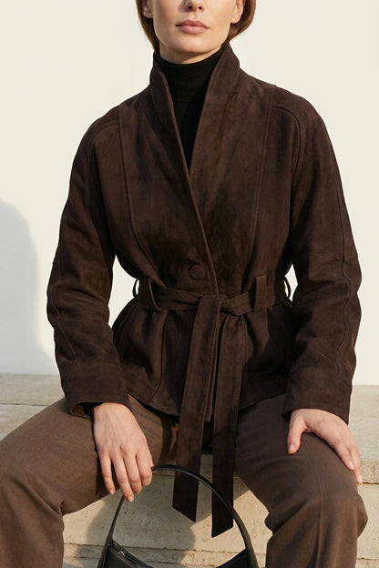 Cropped Double-Breasted Wool Jacket With Belted Waist And High Collar