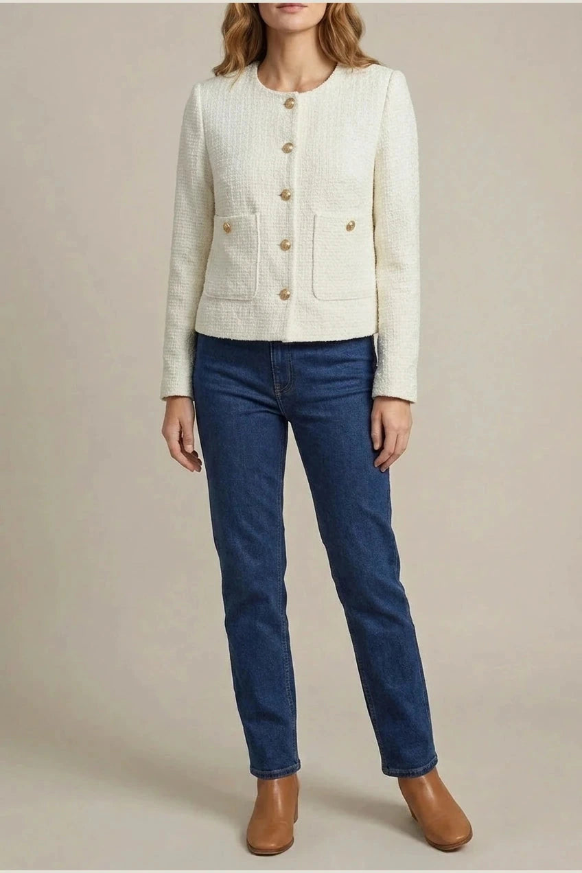 Minimalist Design Blazer Collarless Button-Front Patch Pocket Jacket