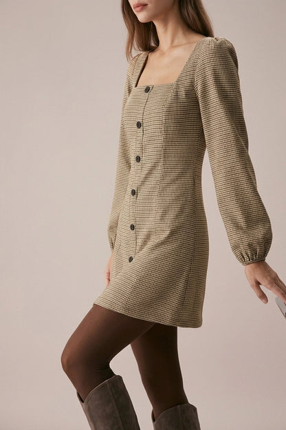 The Khaki Square Neck Plaid Button Mini Dress — variant_front