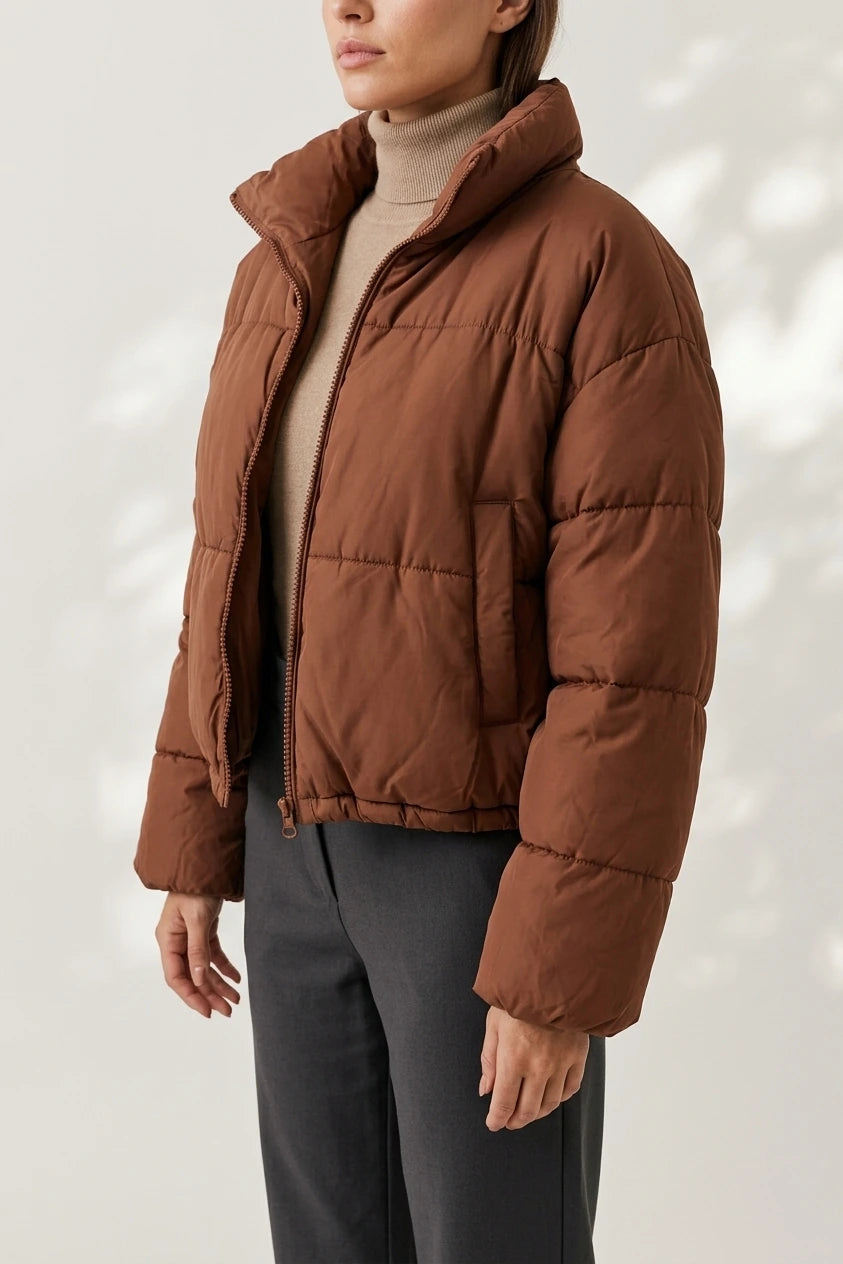 Cropped Puffer Jacket with Stand Collar and Drawcord Hem — variant_front