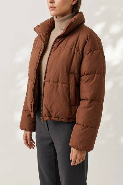 Cropped Puffer Jacket with Stand Collar and Drawcord Hem — variant_front