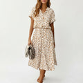 Midi Dress With Button Front And Drawstring Waist, Short Sleeve Collared Shirt Dress