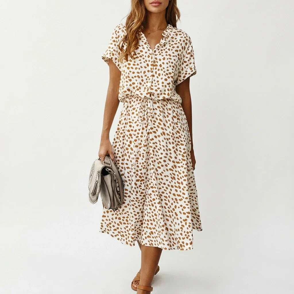 Women's Midi Dress with Button Front and Drawstring Waist — variant_front