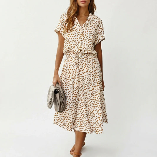 Women's Midi Dress with Button Front and Drawstring Waist — variant_front