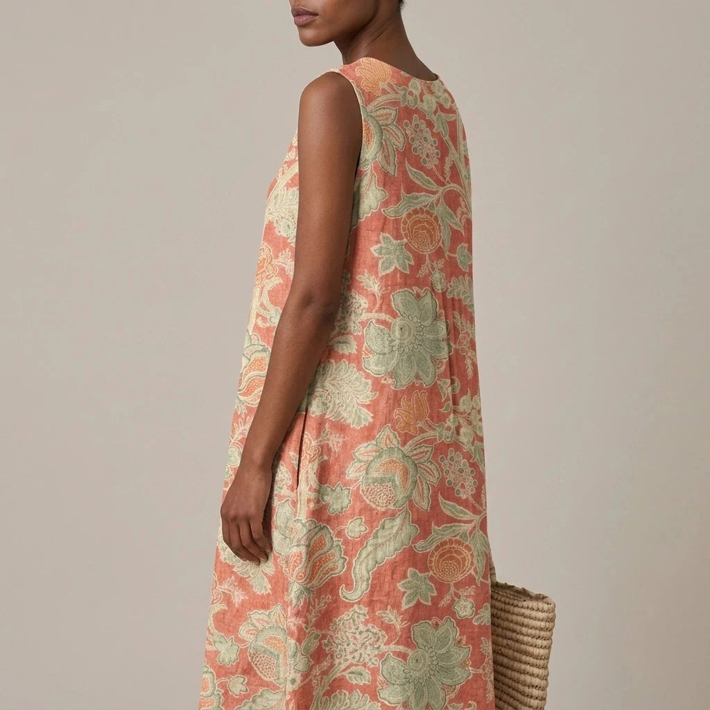 Sleeveless Dress With Premium Blend And Loose Fit — Midi With Pockets & Round Neck