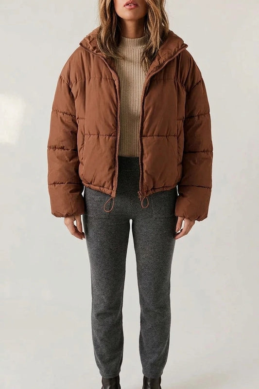 Cropped Puffer Jacket with Stand Collar and Drawcord Hem — variant_front
