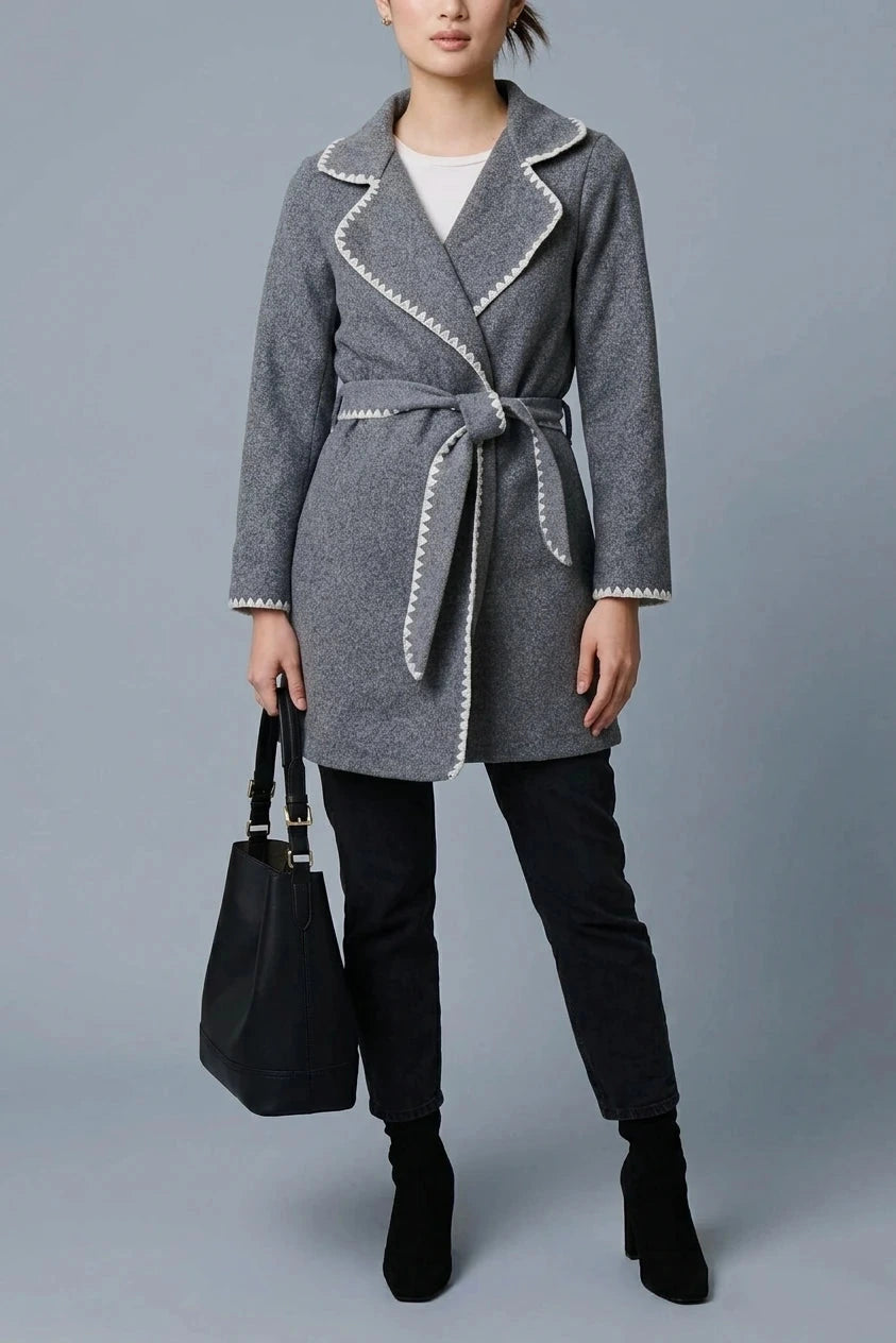 Blanket Stitch Coat With Belt, Notch Collar Tie-Waist Coat
