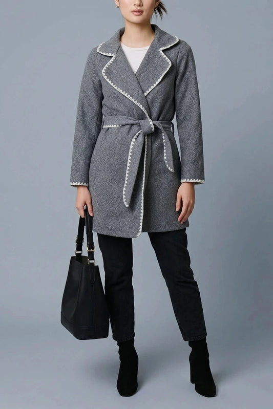 Blanket Stitch Coat With Belt, Notch Collar Tie-Waist Coat