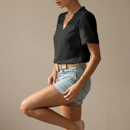 Bohemian Lace Trim Blouse with Swiss Dot Texture and V-Neckline — variant_front