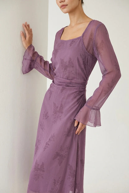 Purple Floral Ruched Slip Midi Dress — variant_front