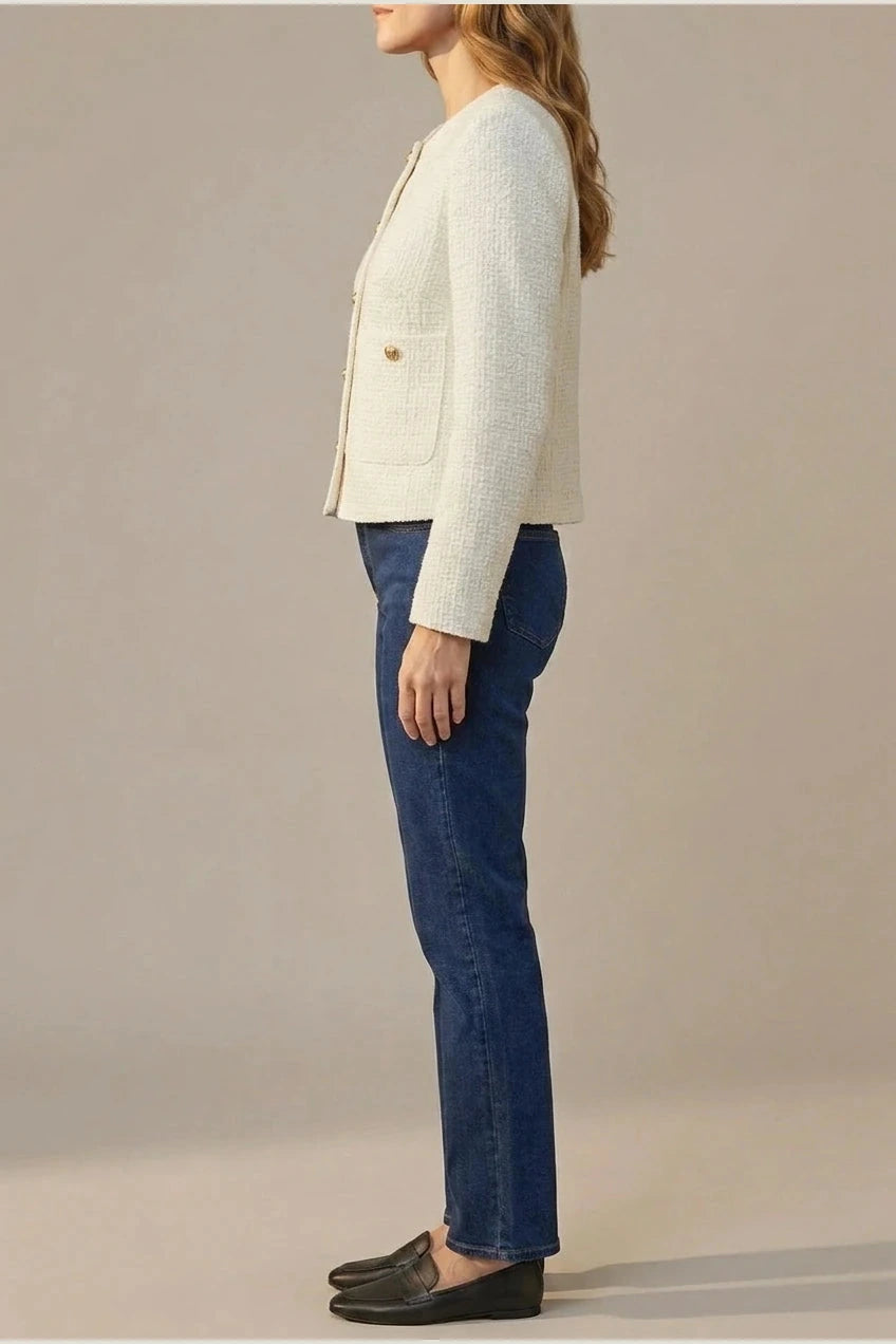 Minimalist Design Blazer Collarless Button-Front Patch Pocket Jacket