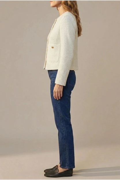 Minimalist Design Blazer Collarless Button-Front Patch Pocket Jacket