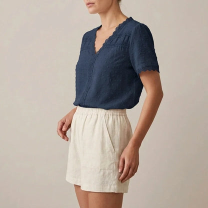 Bohemian Lace Trim Blouse with Swiss Dot Texture and V-Neckline — variant_front