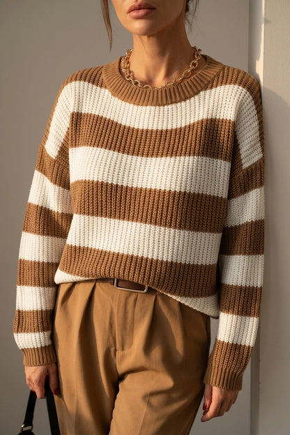 Cosy Striped Knit Sweater with Crew Neck and Ribbed Cuffs — variant_front