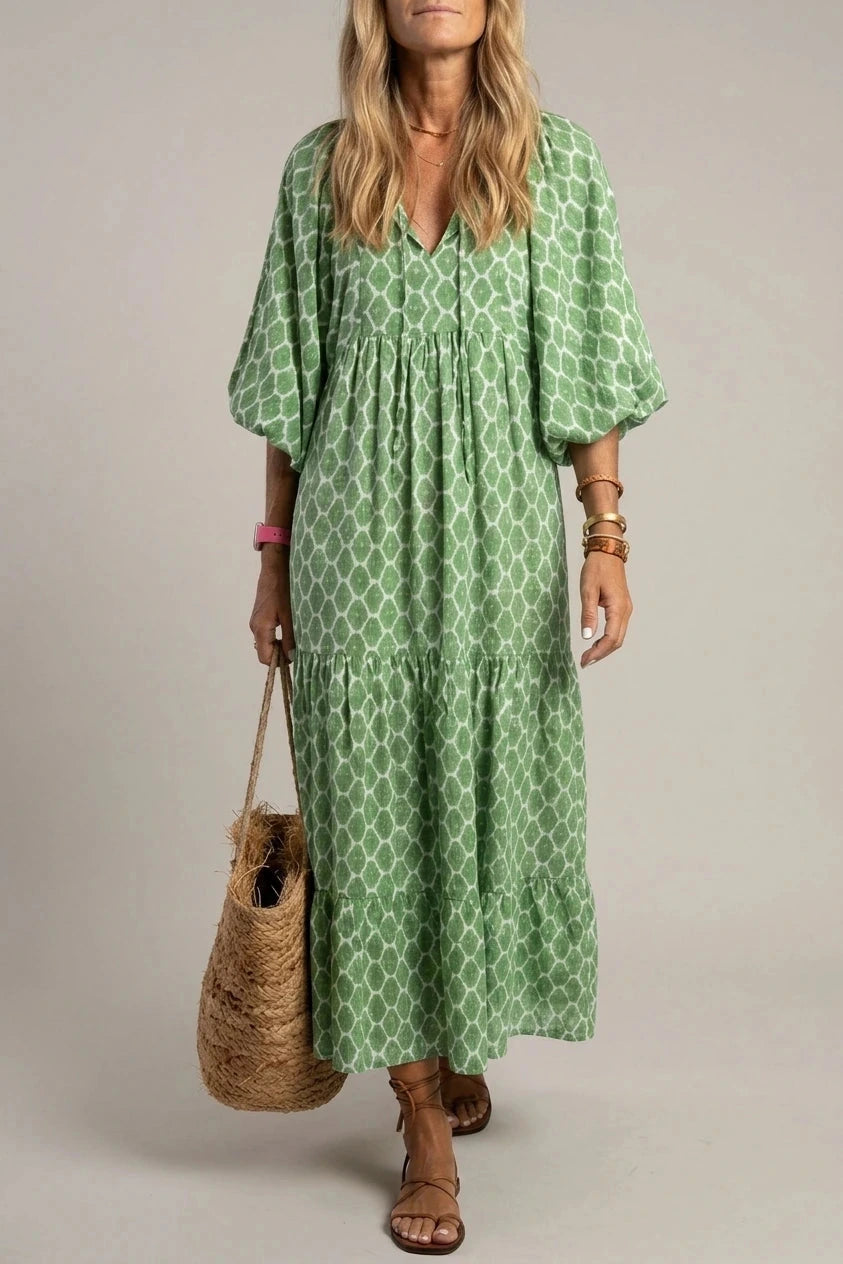 V Neck Tiered Maxi Smock Dress With Balloon Sleeves