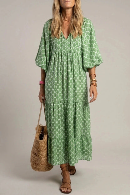V Neck Tiered Maxi Smock Dress With Balloon Sleeves