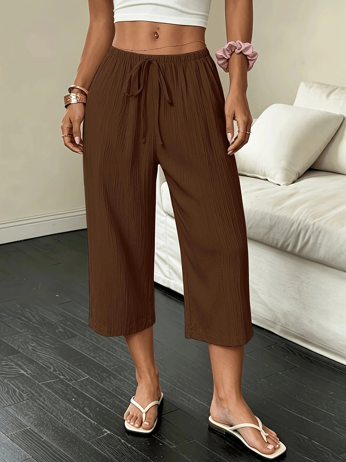 Beach Vacation Style Summer Women's Straight-Leg Trousers, Solid Color Drawstring Casual Summer Capri Pants for Women
