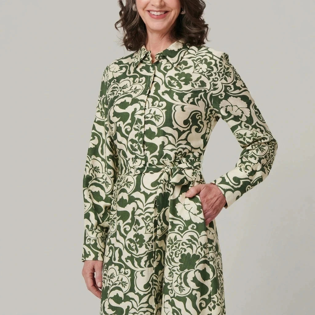 Collared Tie-Waist Printed Long Sleeve Shirt Midi Dress
