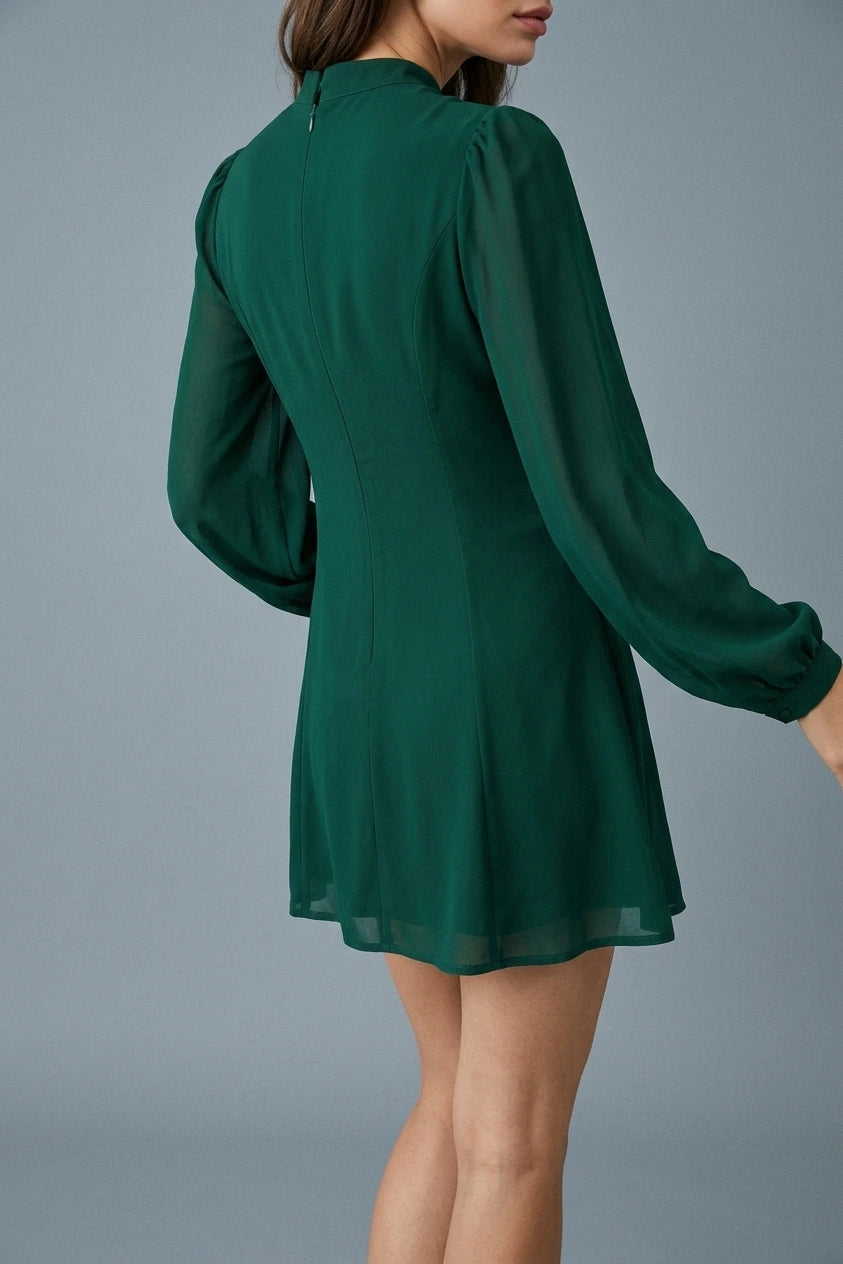 The Green Stand Collar Sheer Slit Mini Dress — variant_front