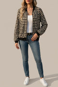 Houndstooth Bomber Jacket with Ribbed Trim and Zip Fastening