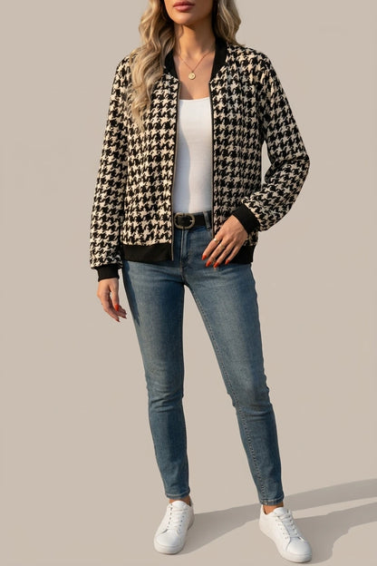 Chic Houndstooth Bomber Jacket with Black Ribbed Trim — variant_front