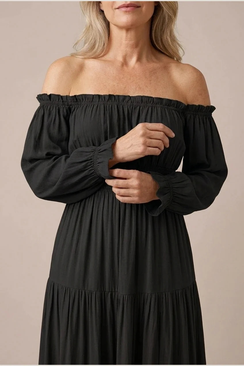 Aveline | Off Shoulder Long Sleeve Smocked Maxi Dress — variant_front