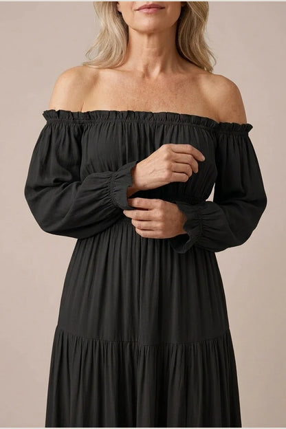 Aveline | Off Shoulder Long Sleeve Smocked Maxi Dress — variant_front