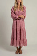 Geometric Print Long Sleeve Midi Dresses V-Neck Tiered Hem
