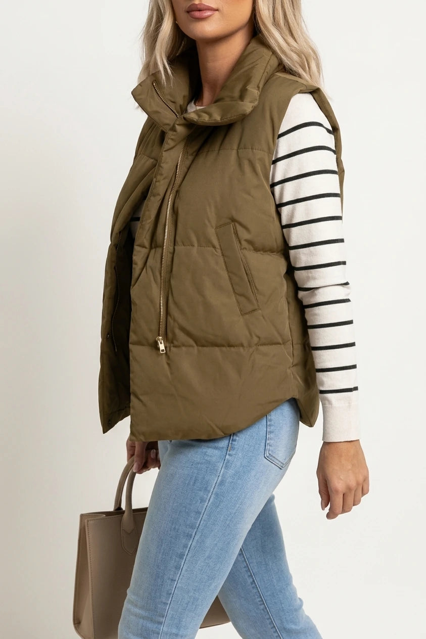Quilted Puffer Gilet with Stand Collar and Side Pockets — variant_front