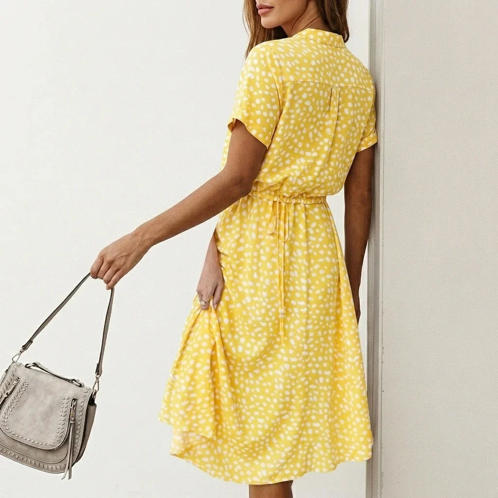 Women's Midi Dress with Button Front and Drawstring Waist — variant_front