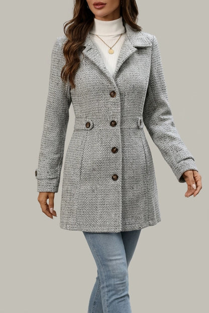 Grey Herringbone Wool Coat with Cinched Waist — variant_front