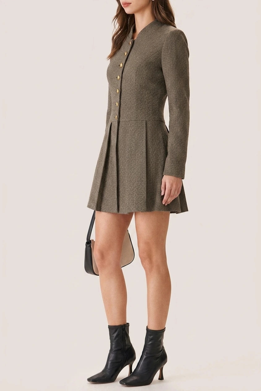 Brown Button Pleated Mini Dress — variant_front