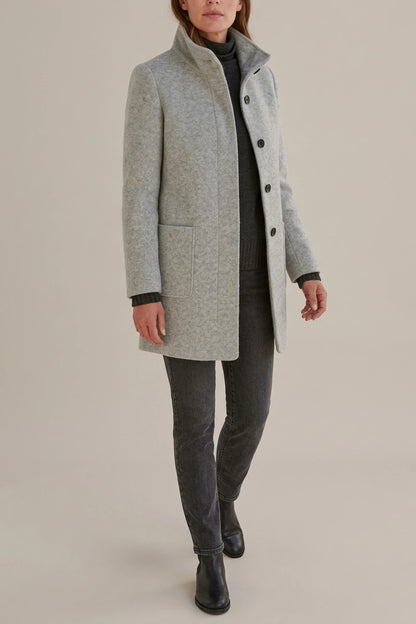 Women's Stand Collar Coat with Button Front and Patch Pockets — variant_front