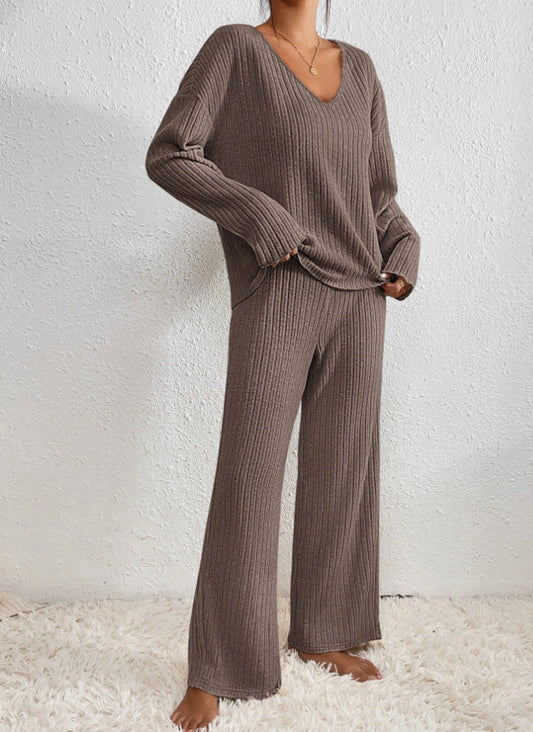 Cosy Ribbed Knit Two Piece Set with V-Neckline and Wide Leg Trousers