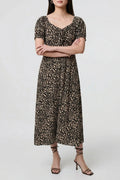 Animal Print Short Puff Sleeve Maxi Dress With V Neck And Pockets