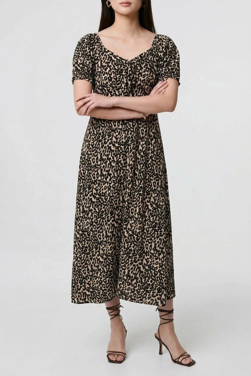 Animal Print Short Puff Sleeve Maxi Dress With V Neck And Pockets