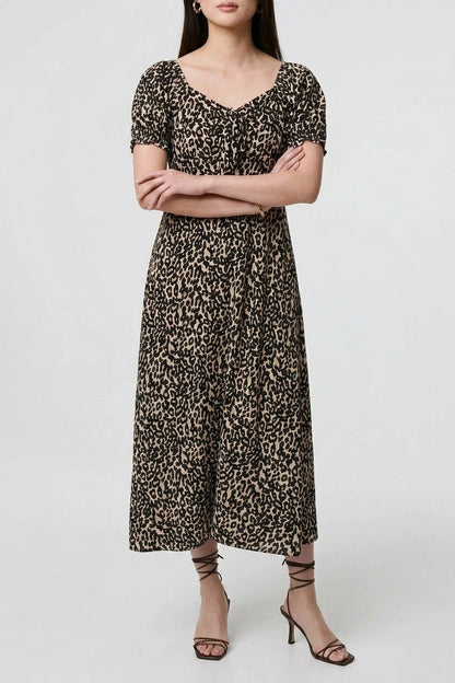 Animal Print Short Puff Sleeve Maxi Dress With V Neck And Pockets