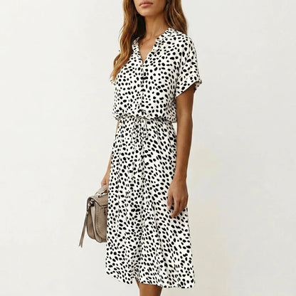 Women's Midi Dress with Button Front and Drawstring Waist — variant_front