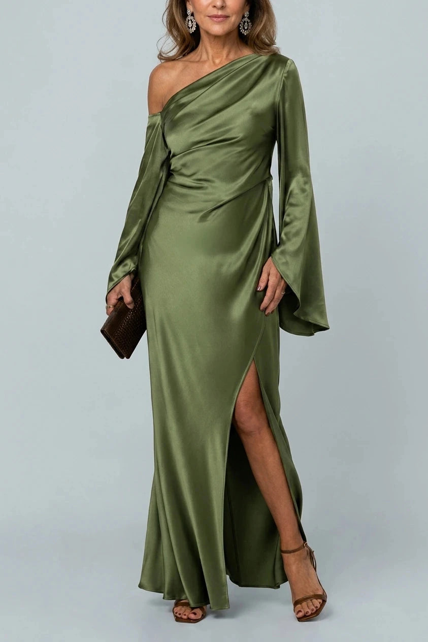 One Shoulder Cape Sleeve Maxi Dresses Draped Satin With High Side Split