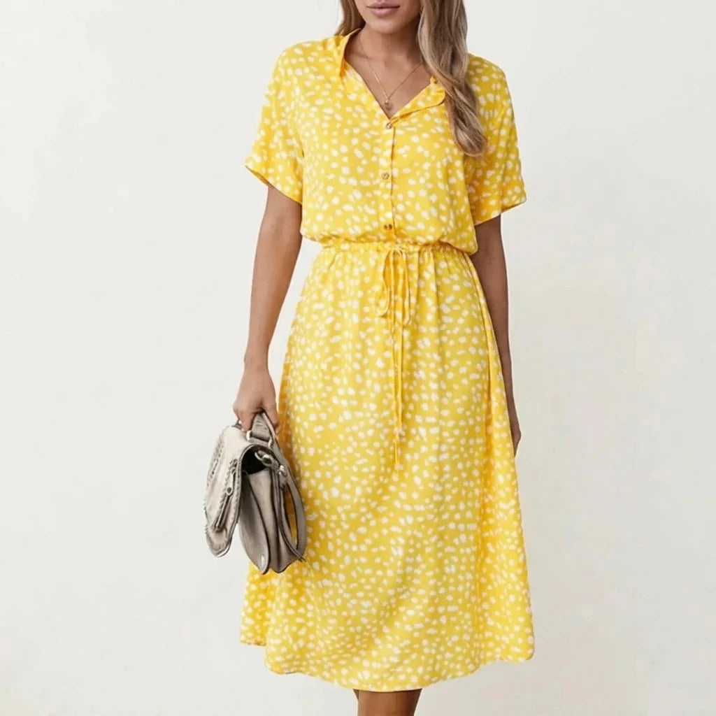 Women's Midi Dress with Button Front and Drawstring Waist — variant_front