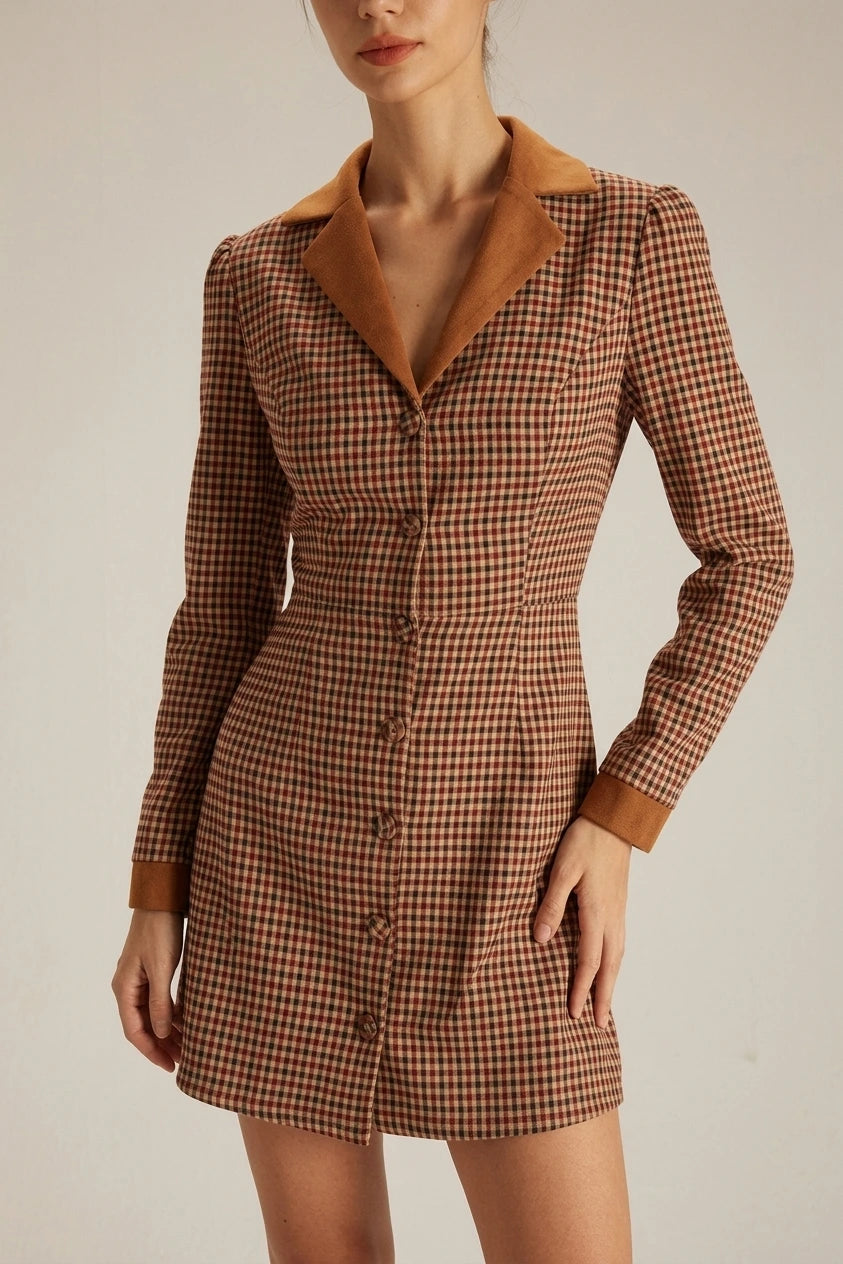 The Brown Plaid Spliced Suede Mini Dress — variant_front