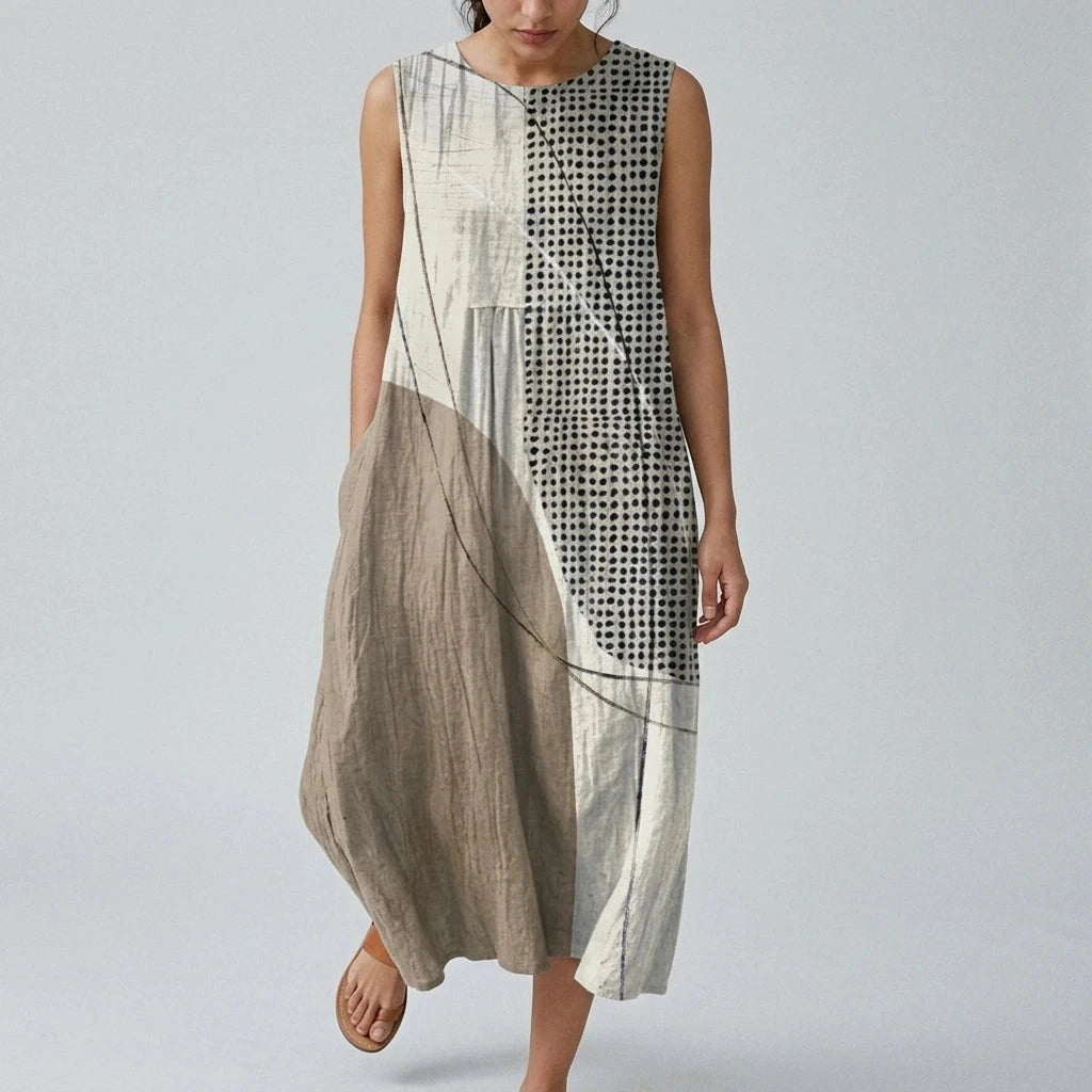 Relaxed Fit Round Neck Sleeveless Midi Dress With Pockets