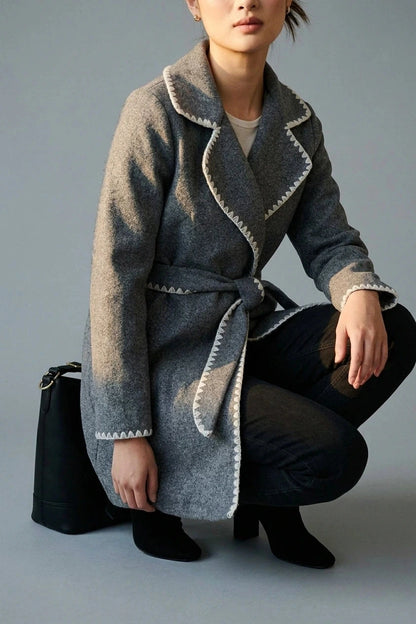 Blanket Stitch Coat With Belt, Notch Collar Tie-Waist Coat